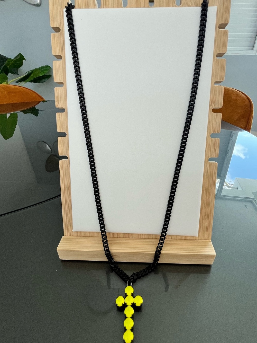 TOVA Neon Yellow Crystal Cross Necklace Black Chain
